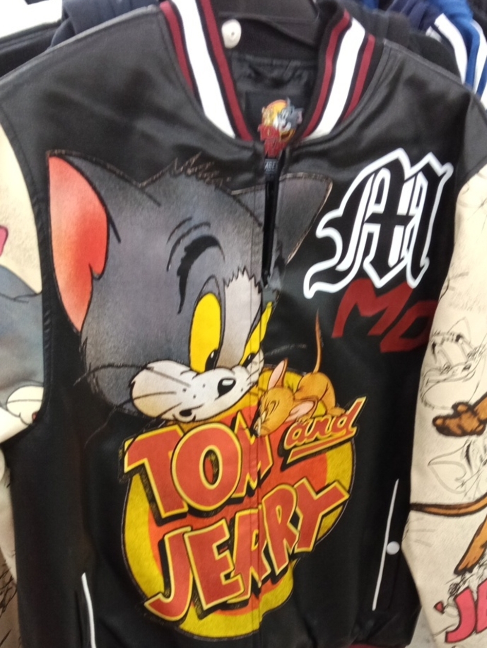 Tom and Jerry  Black Graphic Faux Leather Bomber Jacket Members Only Large